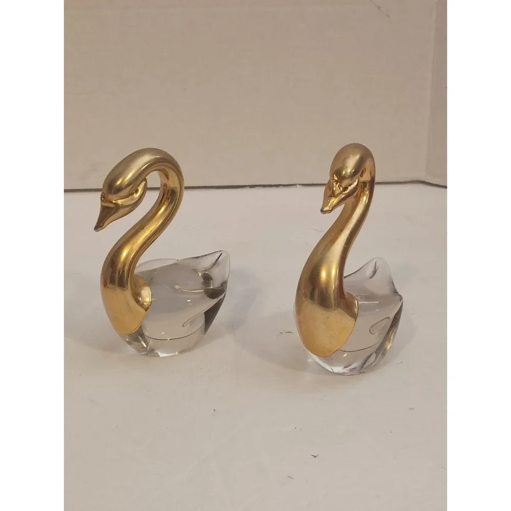 Vintage Art Glass Swan Figurines Gold Tone Metal Neck Set of 2 Mid Century Decor